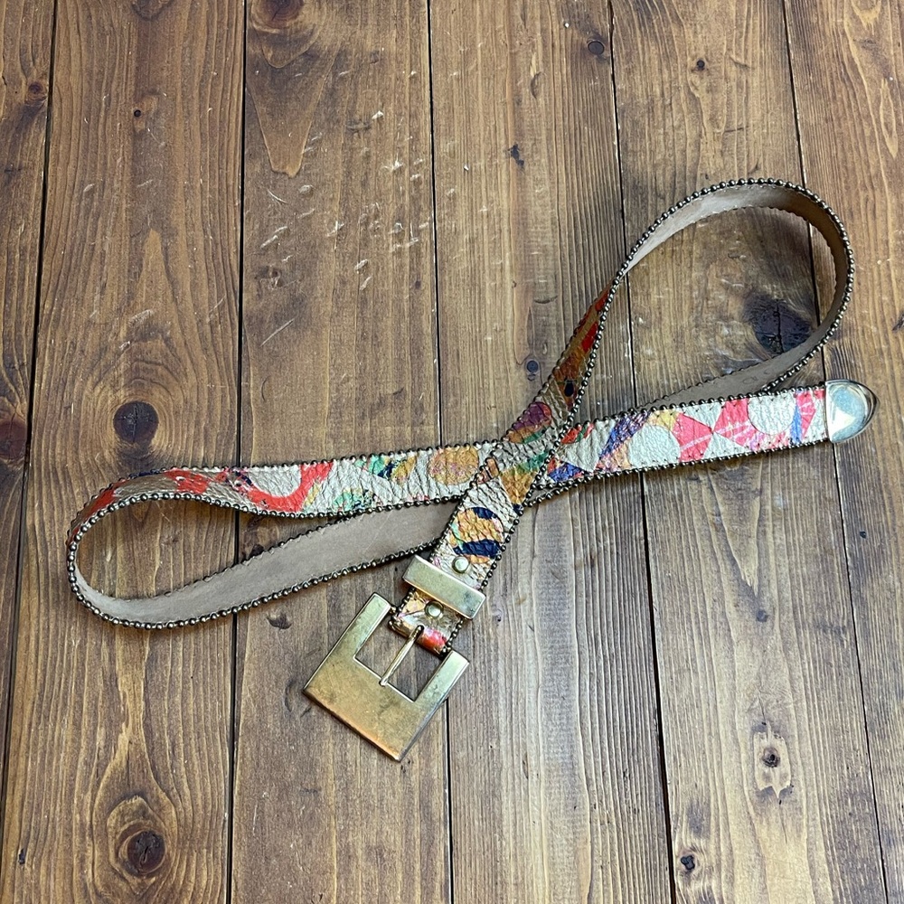 BB Simon size large metallic gold and colorful leather belt vintage
